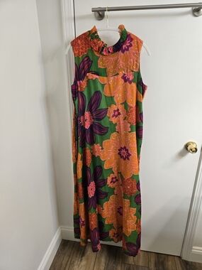 VTG Alfred Shaheen Green Floral Maxi Dress with Orange & Purple Blooms